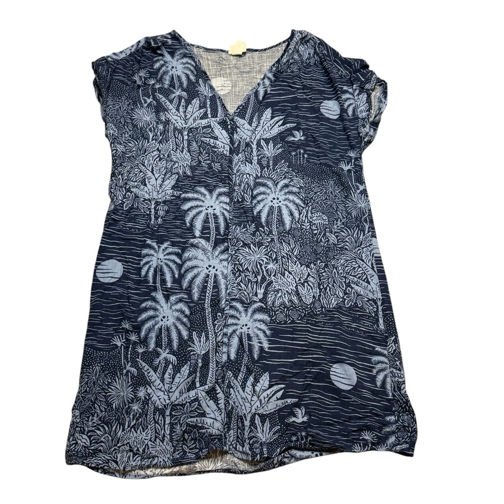 Desmond Dempsey H&M Short Sleeve Linen Blend Dress V-Neck Hawaiian Floral Blue M